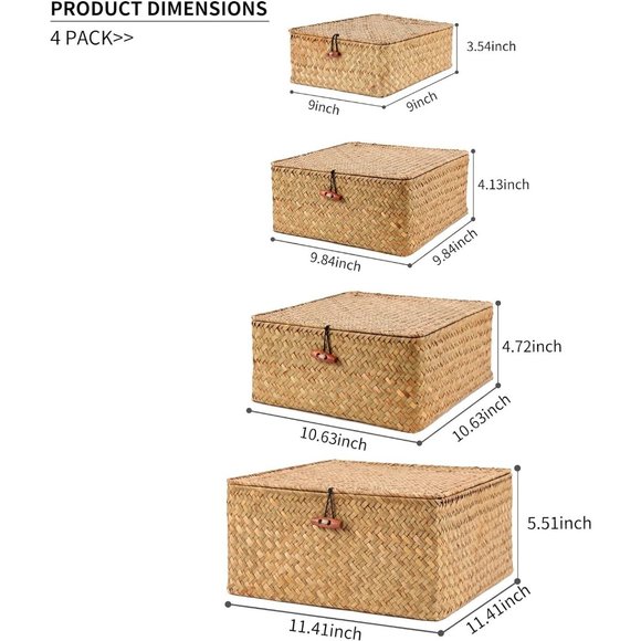 Brown Wicker Woven Storage 4 Seagrass Rattan Storage Containers Organizers - Picture 7 of 9